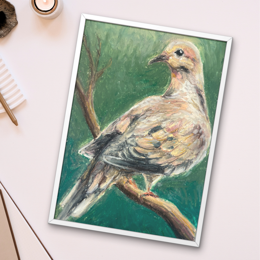 High-Quality Mourning Dove Art Poster Print – Oil Pastel Drawing on Green Background